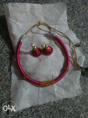Pink And Gold Thread Necklace And Jhunka Earrings