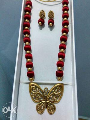Red And Yellow Silk Thead Bib Necklace And Earrings Set