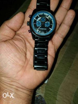 Round Black And Blue Chronograph Watch With Black Link