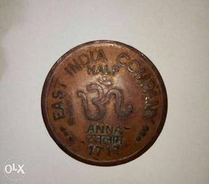 Round Copper Indian Half Anna Coin