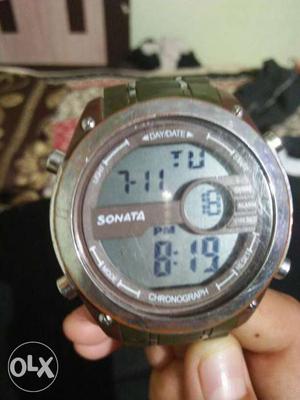 Round Silver Sonata Digital Watch With Silver Link Bracelet