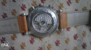 Silver And Brown Leather Strap Watch