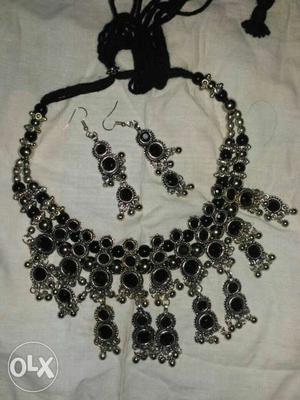 Silver Onyx Bib Necklace And Hook Earrings