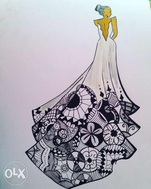 White And Black Floral Gown Sketch