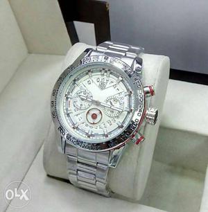 White Round Faced Chronograph Watch With Silver Link