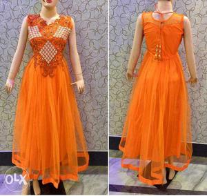 Women's Orange V-neck Sleeveless Maxi Dress