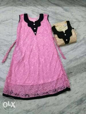 Women's Pink And Black Sleeveless Dress