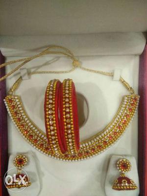 Women's Red And Gold Necklace And Bracelets