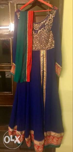 Women's long Anarkali royal blue suit with blue sharaara