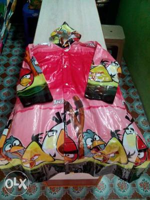 Children's Pink And White Angry Birds Print Rain Coat