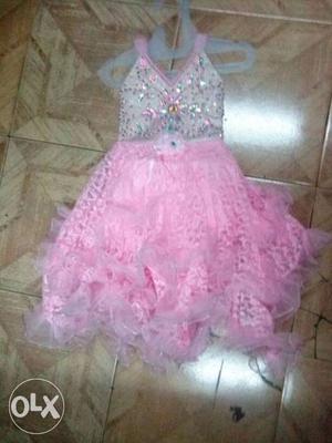 Girl's White And Pink Floral Ruffled Dress