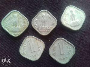 Five 1 Indian Paise Coins