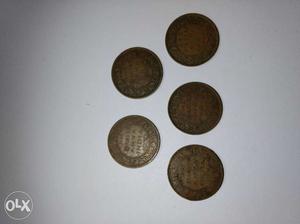 Old antique coins 5 one quater anna coins..
