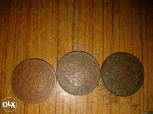Three 1 Quarter Anna Indian Coins