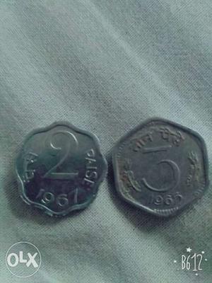 Tw O2 And 3 Indian Paise Coins  two