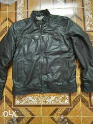 Black Leather Zip Casual Jacket