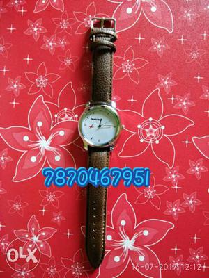 Fastrack Round Silver Watch With Brown Leather Strap