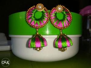 Pink-and-green Threaded Jhumka