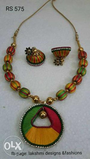 Red, Yellow And Green Silk Thread Beaded Necklace With