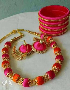 Red-and-gold Silk Thread Bangles And Jhumka Earrings