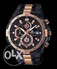 Round Gold And Black Chronograph Watch With 2-tone Link