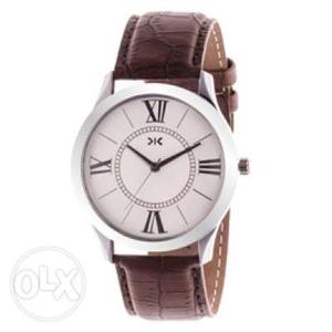 Round Silver Roman Numerical Watch With Brown Leather Band
