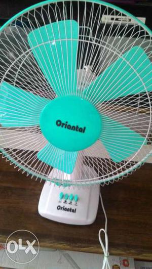 Teal And White Oriental Table Fan