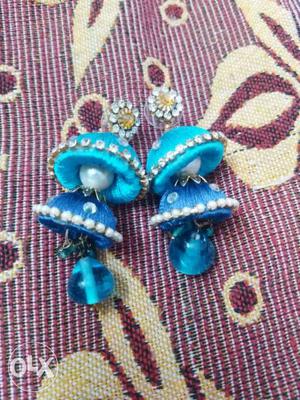 Two Pairs Of Blue-and-gray Jhumka Earrings