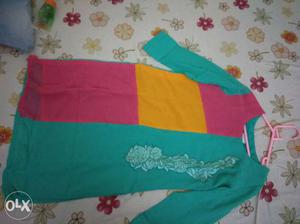 Women's Teal, Pink, And Yellow Elbow-sleeved Shirt