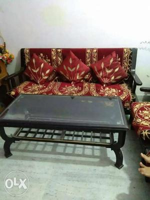 Black Wooden And Red Floral Sofa With Retangular Table
