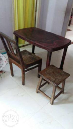 Rectangular Brown Wooden Table, Chair, And Stool Chair