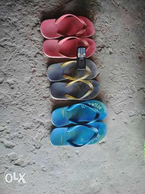 Three Pairs Of Red And Blue Leather Flip-flops