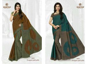 2 Teal And Brown Sari