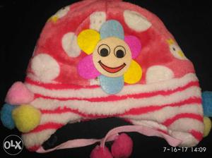 Baby's Pink, And White Striped Polka Dot Knit Cap