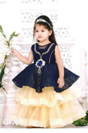 Girl's Blue And Yellow Illusion Neckline Sleeveless Dress