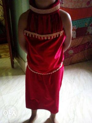 Girl's Red And Gold-colored Sleeveless Dress