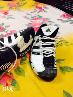Pair Of White-and-black Adidas Basketball Shoes