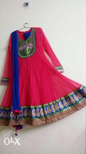 Pink and Blue Anarkali Salwar set with net kurta