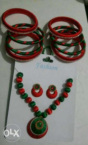 Red And Green Thread Bangles, Pendant Necklace And Hoop