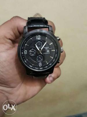Round Black Chronograph Watch With Black Leather Band