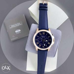 Silver Bezel Fossil Chronograph Watch With Blue Leather
