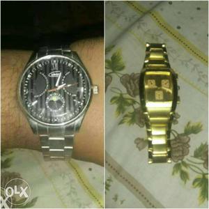 Two Round Black And Rectangular Gold Chronograph Watches \
