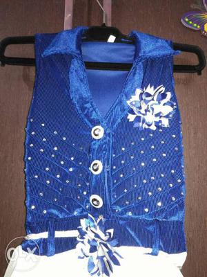 White net and blue welvet frock for 6 years old