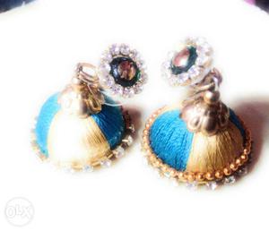 Women's Gold And Teal Silk Thread Earrings
