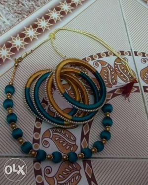 Yellow-and-green Silk Thread Bangles And Beaded Neckalce