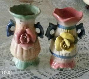 Two Green And Pink Ceramic Vases