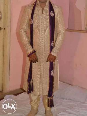 Beige Floral Sherwani Suit, off white colour