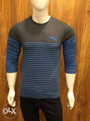 Black And Blue Striped Puma Crew-neck Long-sleeved Shirt