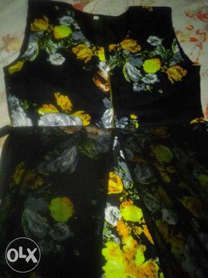 Black, Green And Yellow Floral Sleeveless Dress
