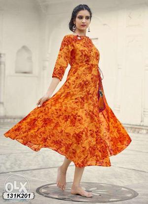 Buy Bedazzling Orange and Red Coloured Cotton Designer Kurti